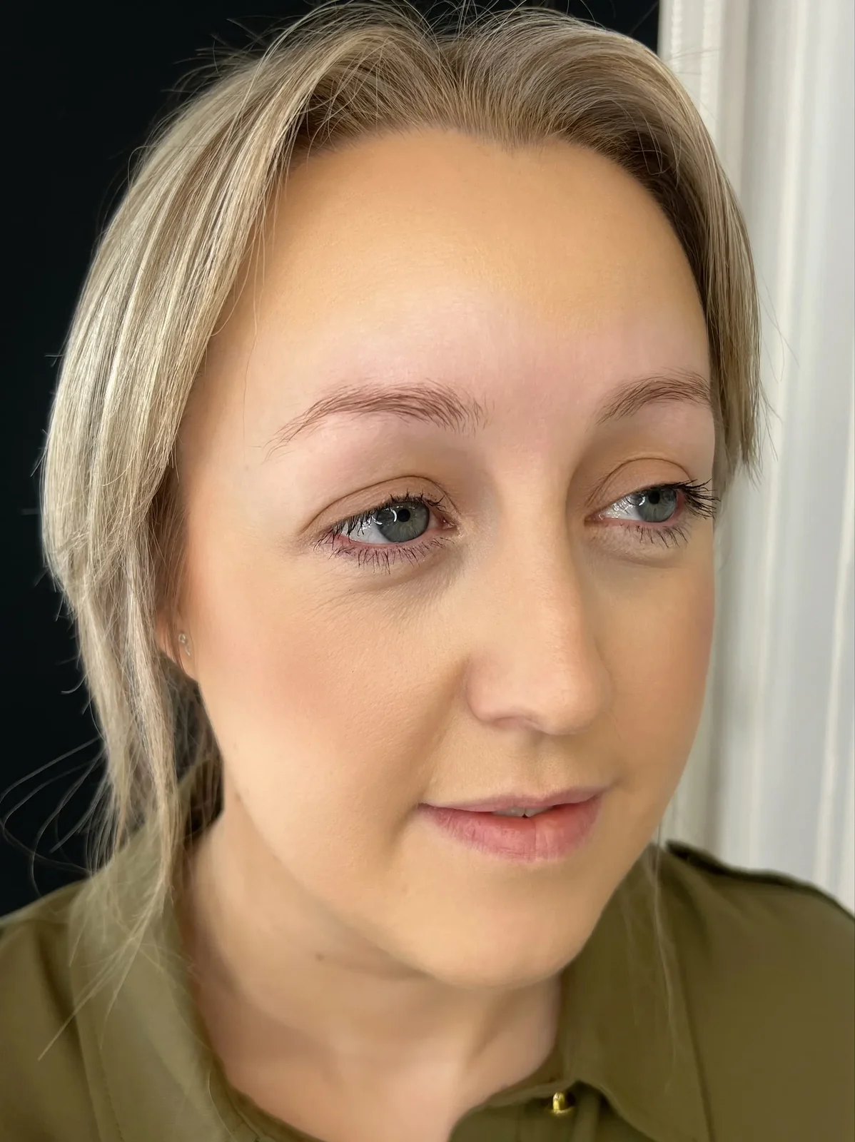 Sparse fine blonde brows — a real client before 3D feather brow tattoo with Lorraine