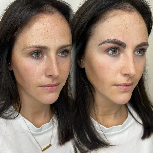 Before and after 3D feather brows freckled brunette natural blend by Lorraine, Gold Coast