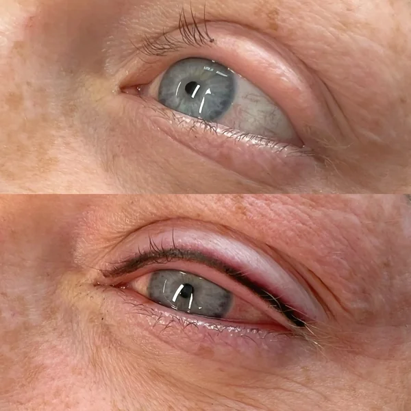 Natural eyeliner tattoo paired with feather brows on brunette — defined polished result